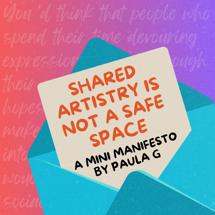 Pink and purple background has white faded words that are the first few lines from the article. A blue envelope has a cream letter with the title of the article.